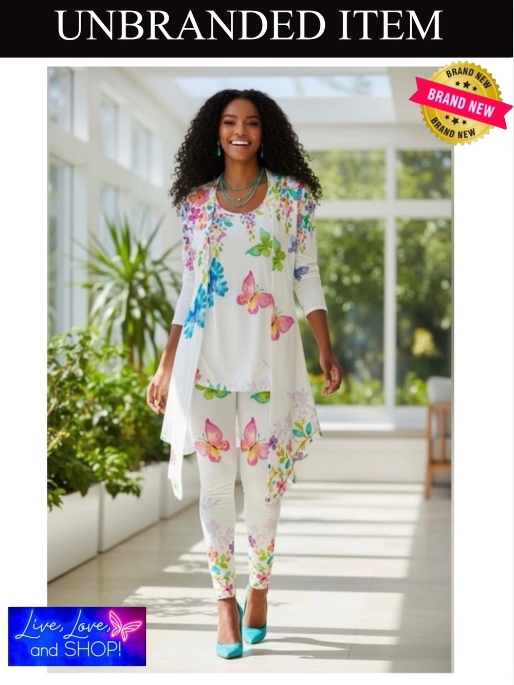 3 PIECE SET: White Jacket Colorful Butterflies, Matching Pants & Camisole, NWOT